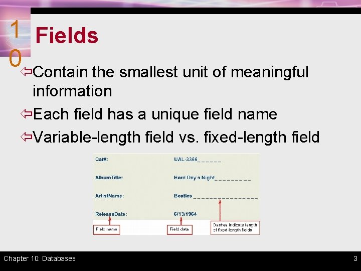 1 Fields 0ïContain the smallest unit of meaningful information ïEach field has a unique