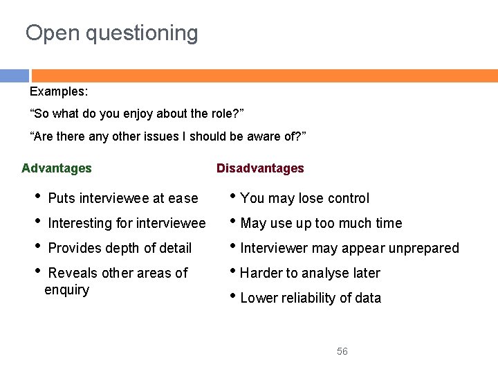 Open questioning Examples: “So what do you enjoy about the role? ” “Are there