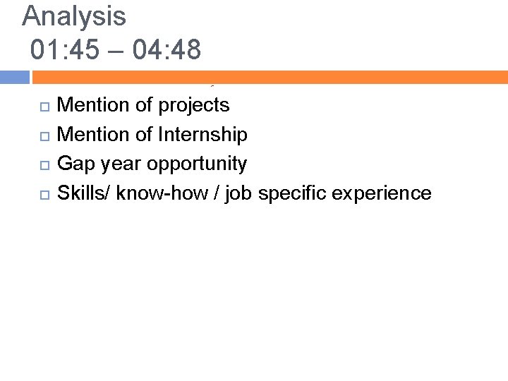 Analysis 01: 45 – 04: 48 Mention of projects Mention of Internship Gap year