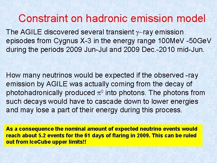 Constraint on hadronic emission model The AGILE discovered several transient -ray emission episodes from