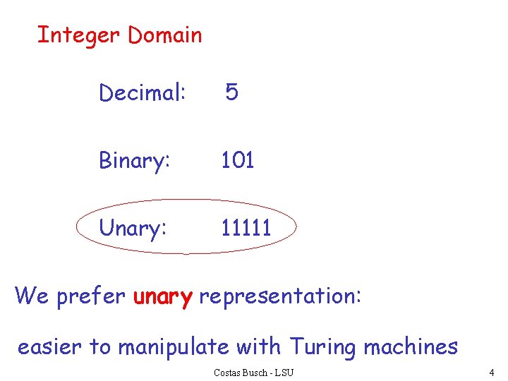 Integer Domain Decimal: 5 Binary: 101 Unary: 11111 We prefer unary representation: easier to