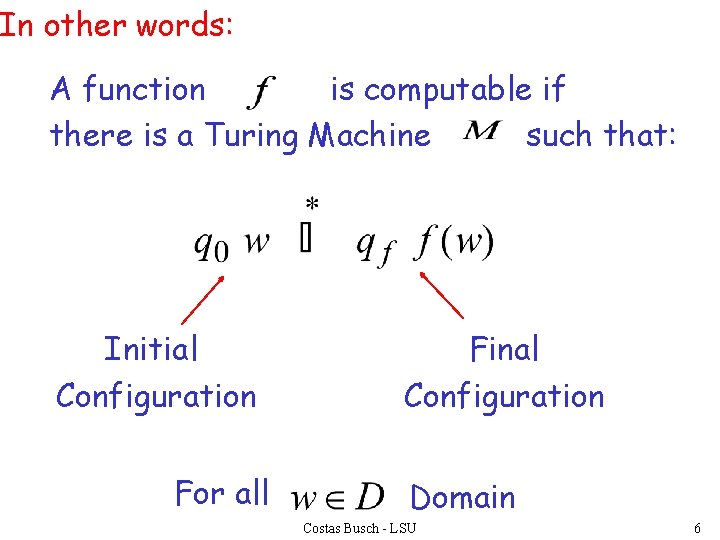 In other words: A function is computable if there is a Turing Machine such