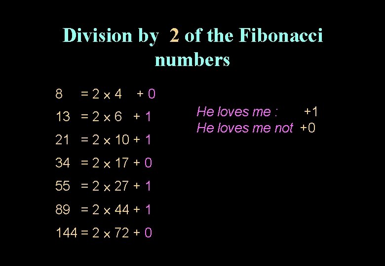 Division by 2 of the Fibonacci numbers 8 = 2 4 + 0 13