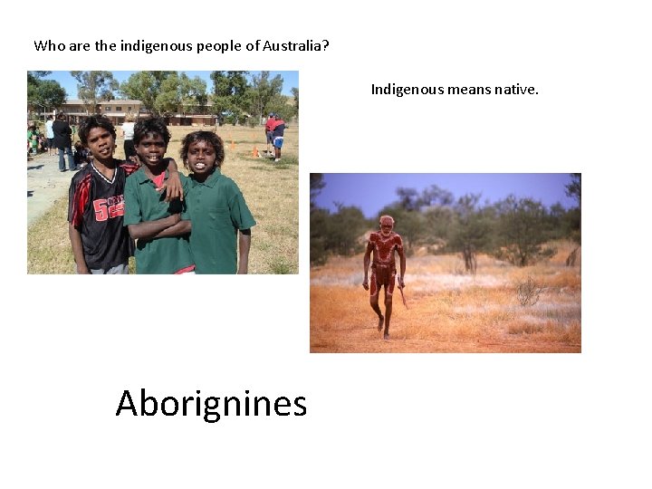 Who are the indigenous people of Australia? Indigenous means native. Aborignines 