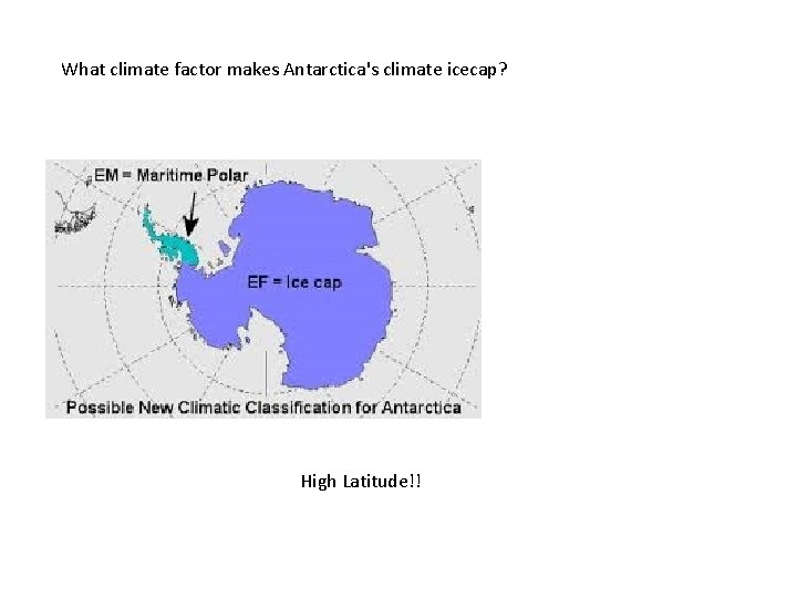 What climate factor makes Antarctica's climate icecap? High Latitude!! 