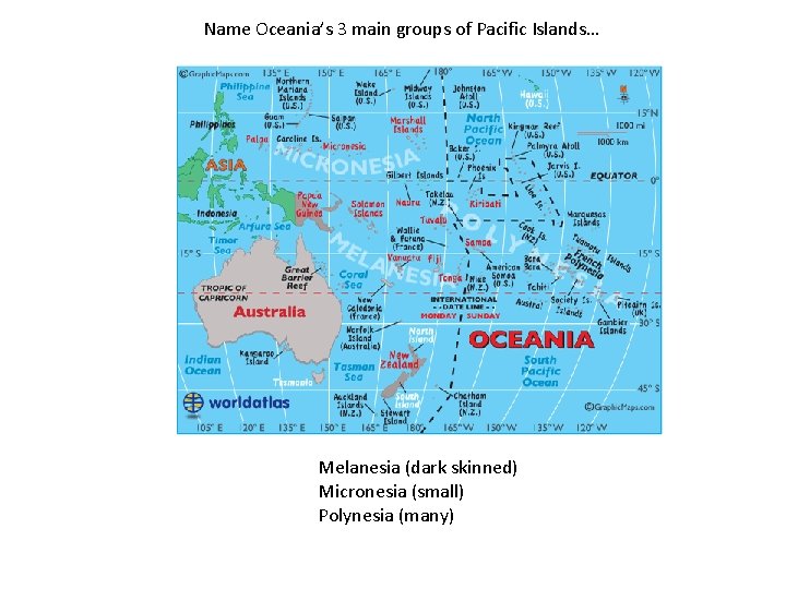 Name Oceania’s 3 main groups of Pacific Islands… Melanesia (dark skinned) Micronesia (small) Polynesia