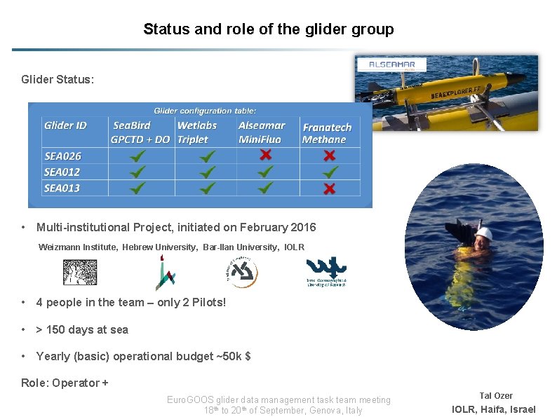 Status and role of the glider group Glider Status: • Multi-institutional Project, initiated on