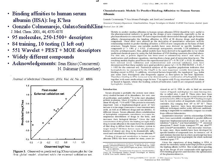  • Binding affinities to human serum albumin (HSA): log K’hsa • Gonzalo Colmenarejo,