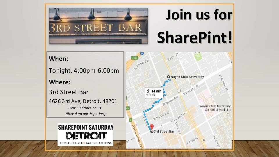 Join us for Share. Pint! When: Tonight, 4: 00 pm-6: 00 pm Where: 3