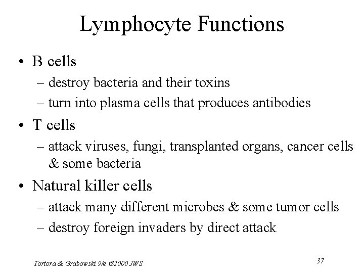 Lymphocyte Functions • B cells – destroy bacteria and their toxins – turn into
