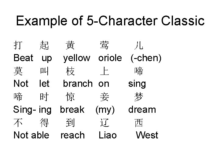 Example of 5 -Character Classic 打 起 黄 莺 儿 Beat up yellow oriole Example of 5 -Character Classic 打 起 黄 莺 儿 Beat up yellow oriole