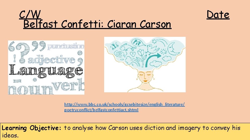 C/W Belfast Confetti: Ciaran Carson Date http: //www. bbc. co. uk/schools/gcsebitesize/english_literature/ poetryconflict/belfastconfettiact. shtml Learning