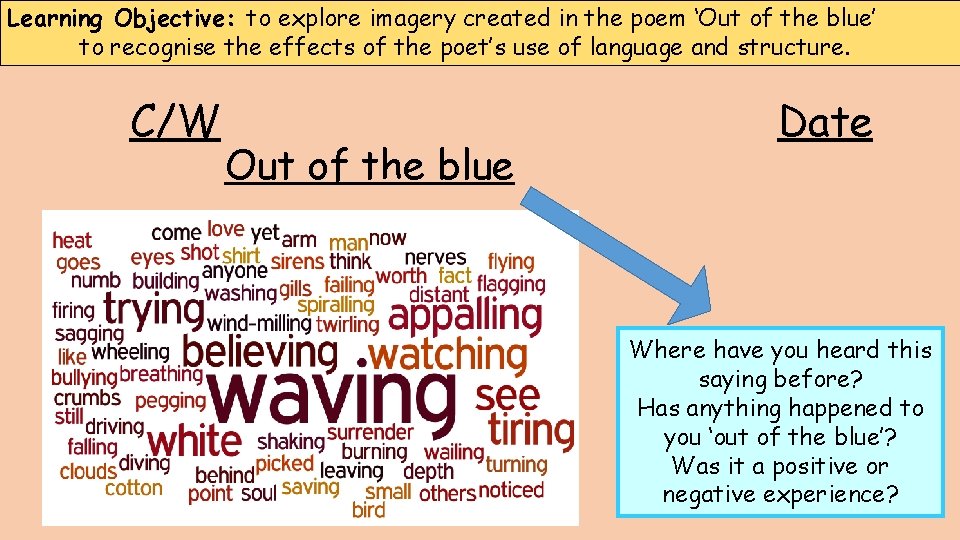 Learning Objective: to explore imagery created in the poem ‘Out of the blue’ to