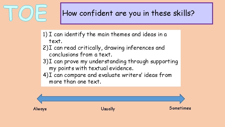 TOE How confident are you in these skills? 1) I can identify the main