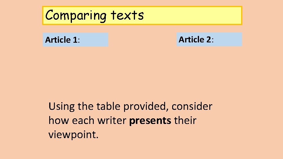 Comparing texts Article 1: Article 2: Using the table provided, consider how each writer