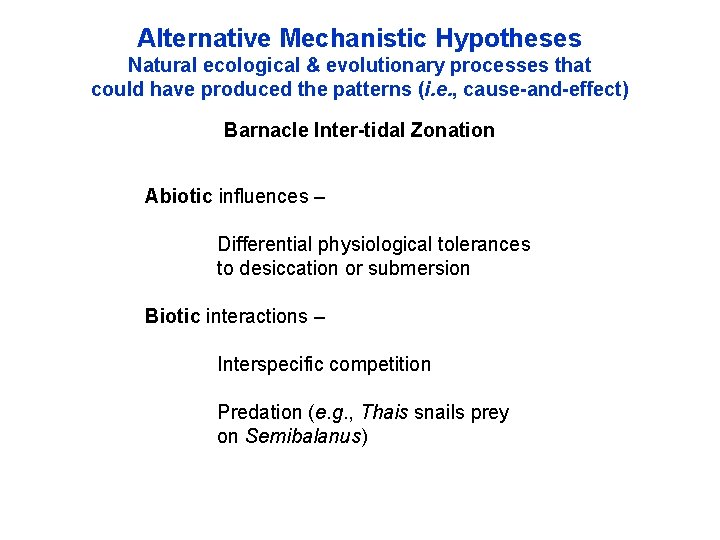 Alternative Mechanistic Hypotheses Natural ecological & evolutionary processes that could have produced the patterns