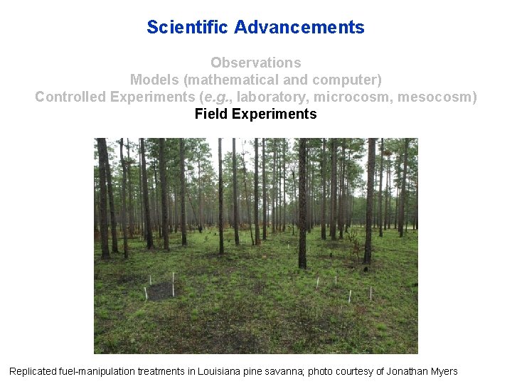 Scientific Advancements Observations Models (mathematical and computer) Controlled Experiments (e. g. , laboratory, microcosm,