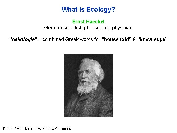 What is Ecology? Ernst Haeckel German scientist, philosopher, physician “oekologie” – combined Greek words