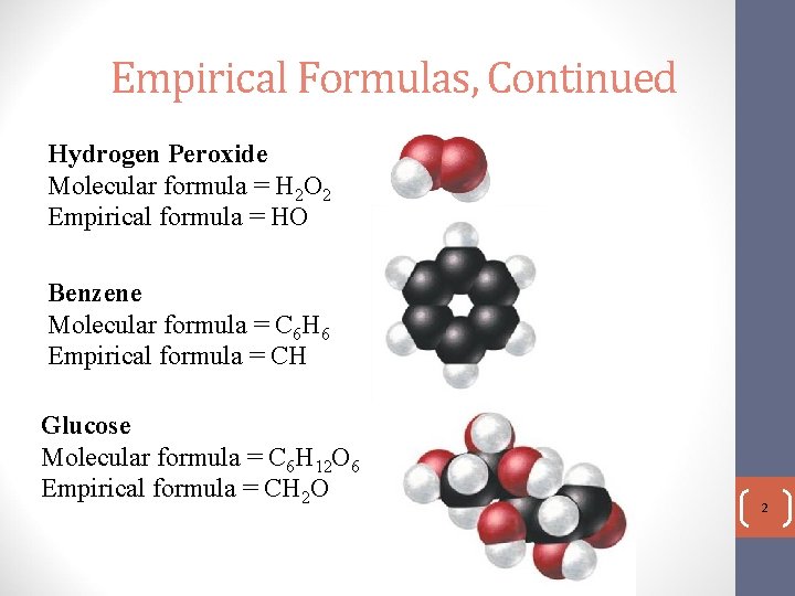 Empirical Formulas, Continued Hydrogen Peroxide Molecular formula = H 2 O 2 Empirical formula