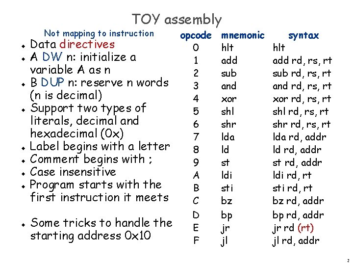 TOY assembly Not mapping to instruction u u u u u Data directives A