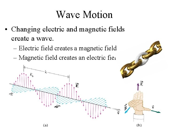 Wave Motion • Changing electric and magnetic fields create a wave. – Electric field