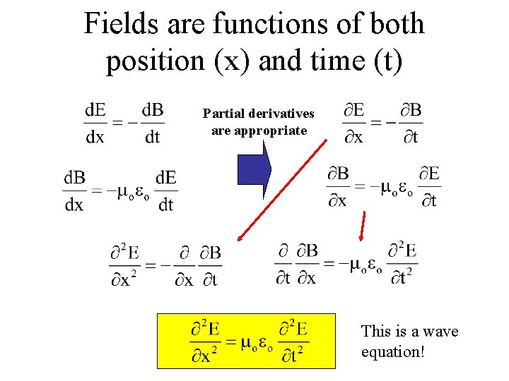 Fields are functions of both position (x) and time (t) Partial derivatives are appropriate