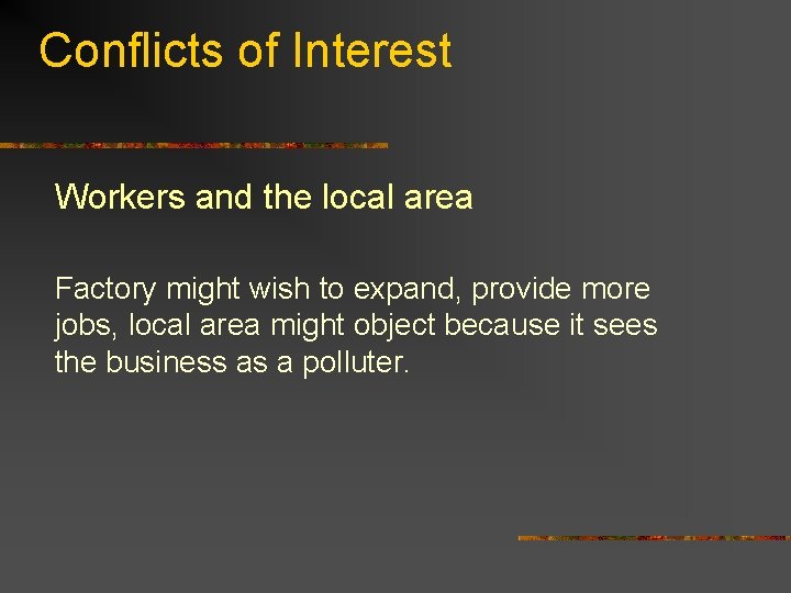 Conflicts of Interest Workers and the local area Factory might wish to expand, provide