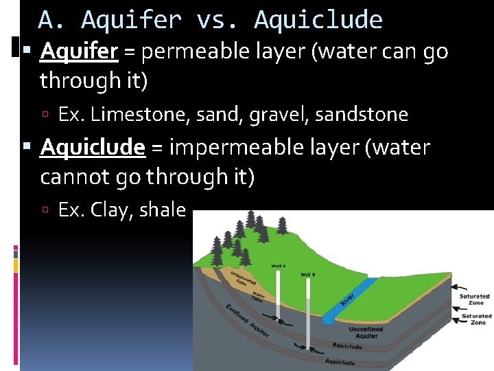 A. Aquifer vs. Aquiclude Aquifer = permeable layer (water can go through it) Ex.