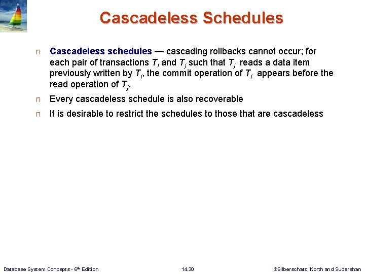 Cascadeless Schedules n Cascadeless schedules — cascading rollbacks cannot occur; for each pair of