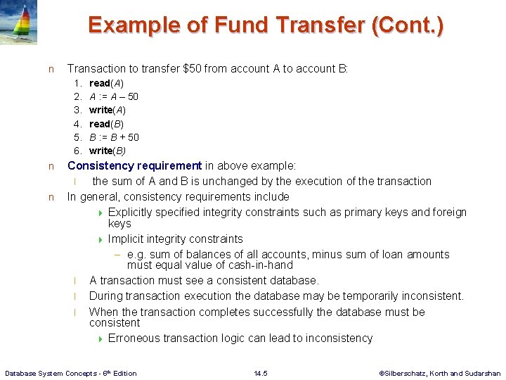 Example of Fund Transfer (Cont. ) n Transaction to transfer $50 from account A