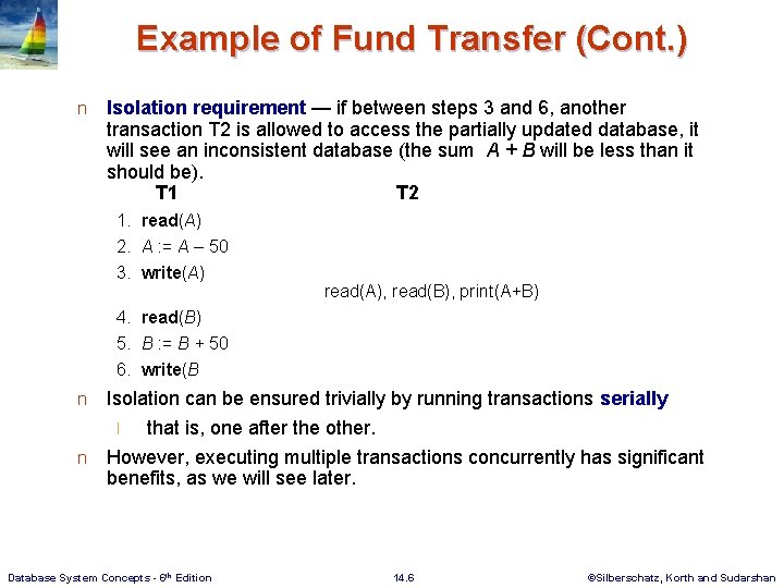 Example of Fund Transfer (Cont. ) n Isolation requirement — if between steps 3