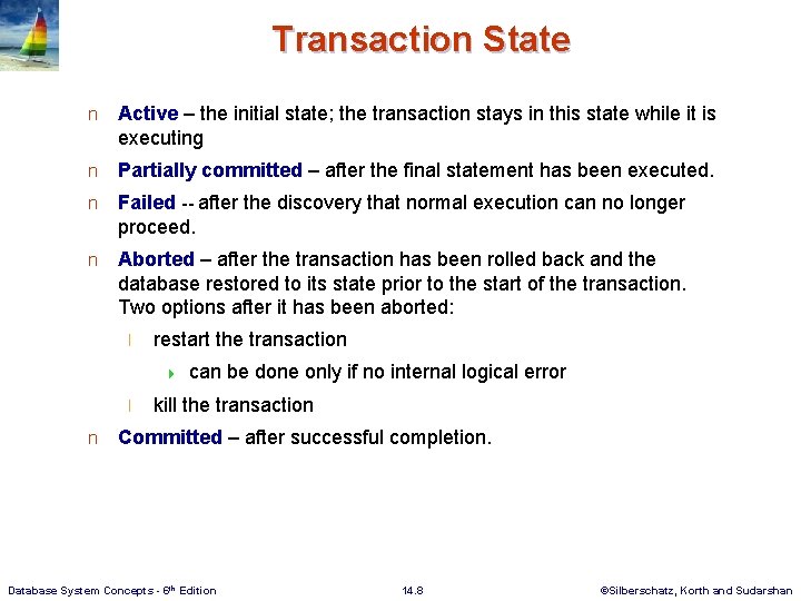 Transaction State n Active – the initial state; the transaction stays in this state