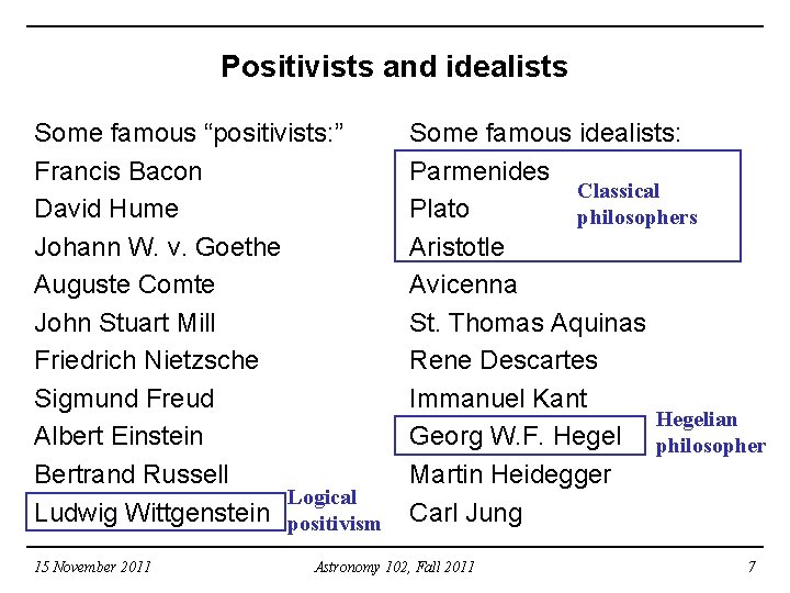 Positivists and idealists Some famous “positivists: ” Francis Bacon David Hume Johann W. v.