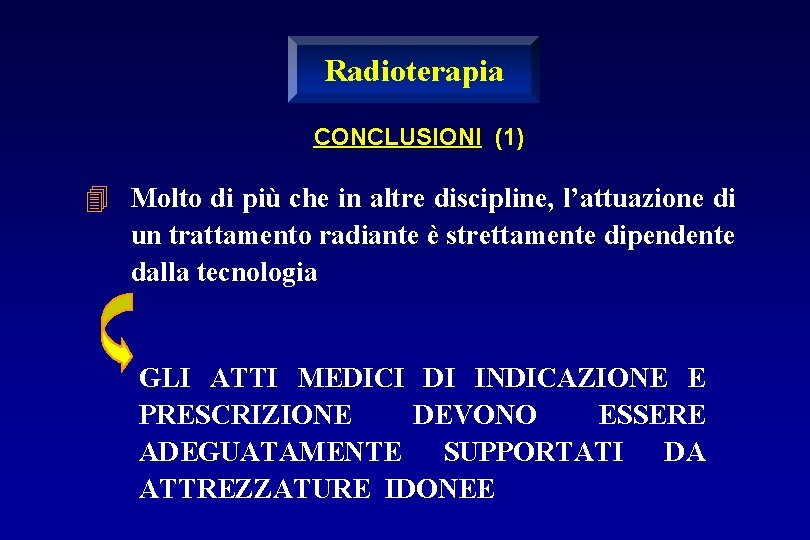 Radioterapia CONCLUSIONI (1) 4 Molto di più che in altre discipline, l’attuazione di un