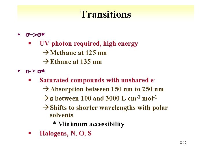 Transitions • s->s* § UV photon required, high energy à Methane at 125 nm