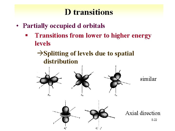 D transitions • Partially occupied d orbitals § Transitions from lower to higher energy