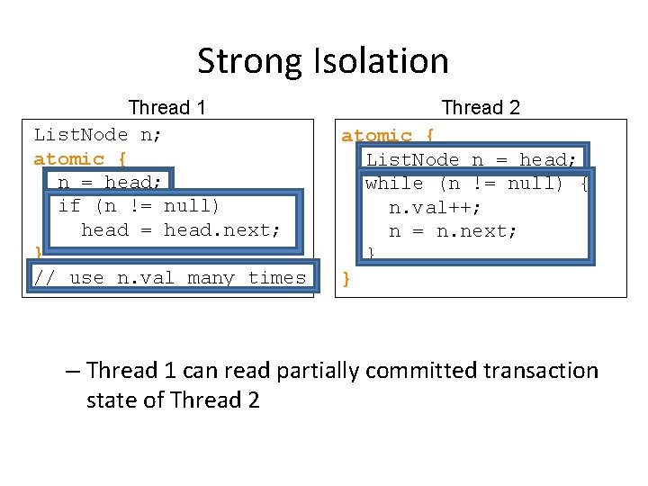 Strong Isolation Thread 1 List. Node n; atomic { n = head; if (n