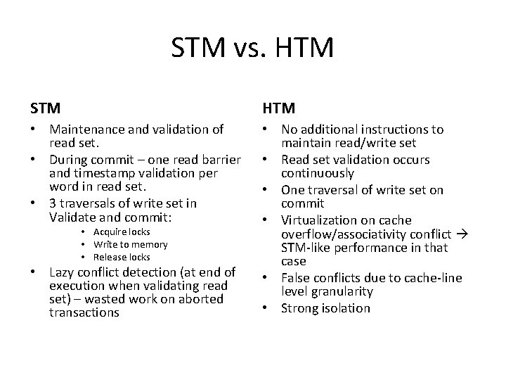 STM vs. HTM STM HTM • Maintenance and validation of read set. • During