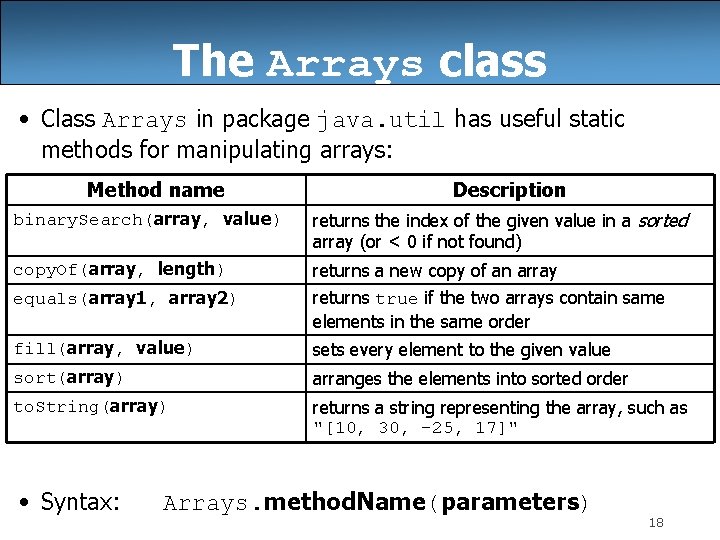 The Arrays class • Class Arrays in package java. util has useful static methods