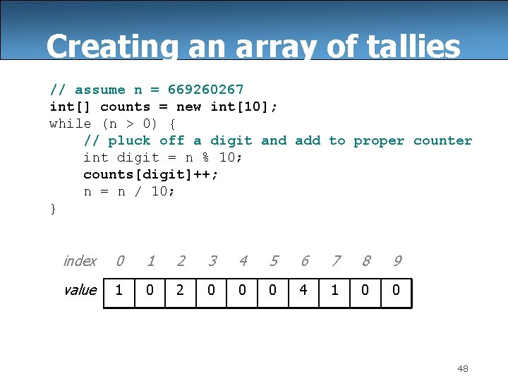Creating an array of tallies // assume n = 669260267 int[] counts = new