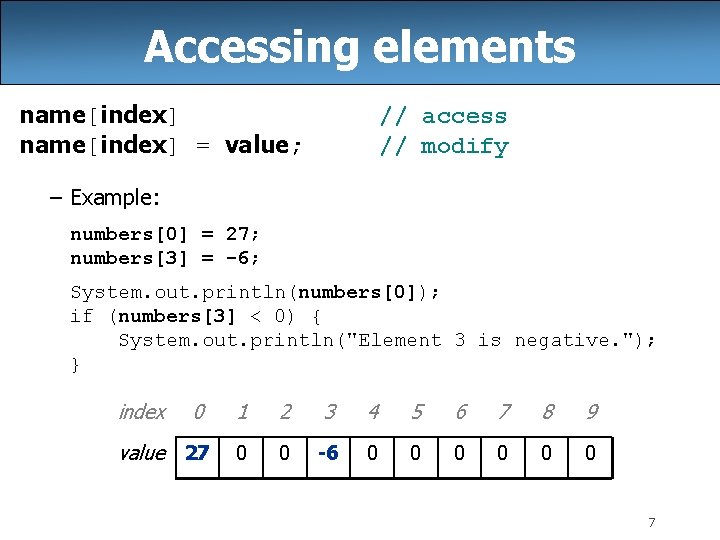 Accessing elements name[index] = value; // access // modify – Example: numbers[0] = 27;