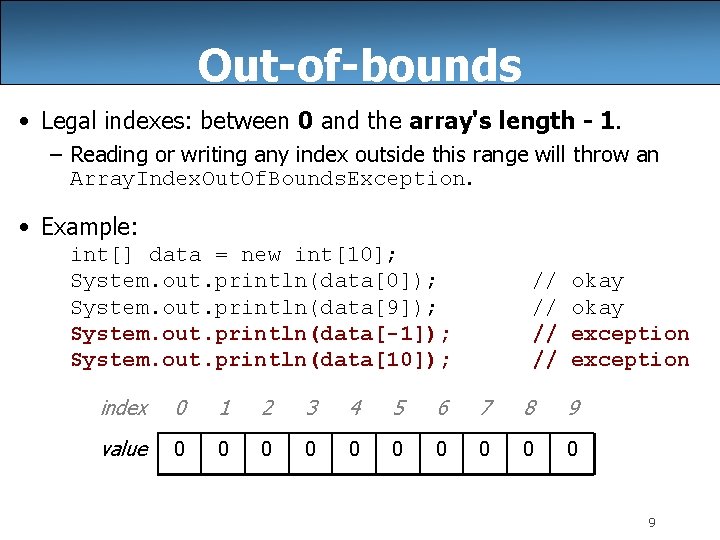 Out-of-bounds • Legal indexes: between 0 and the array's length - 1. – Reading