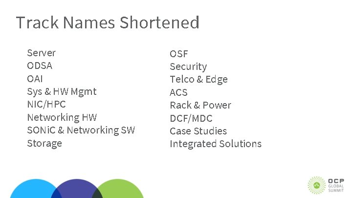 Track Names Shortened Server ODSA OAI Sys & HW Mgmt NIC/HPC Networking HW SONi.