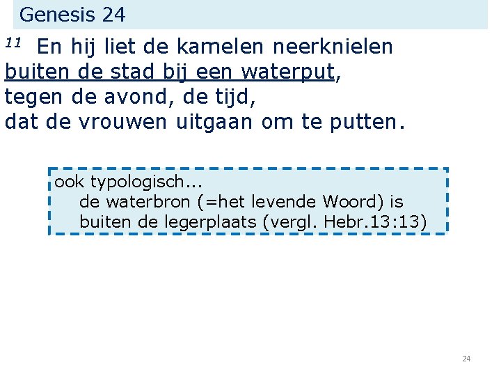 Genesis 24 En hij liet de kamelen neerknielen buiten de stad bij een waterput,