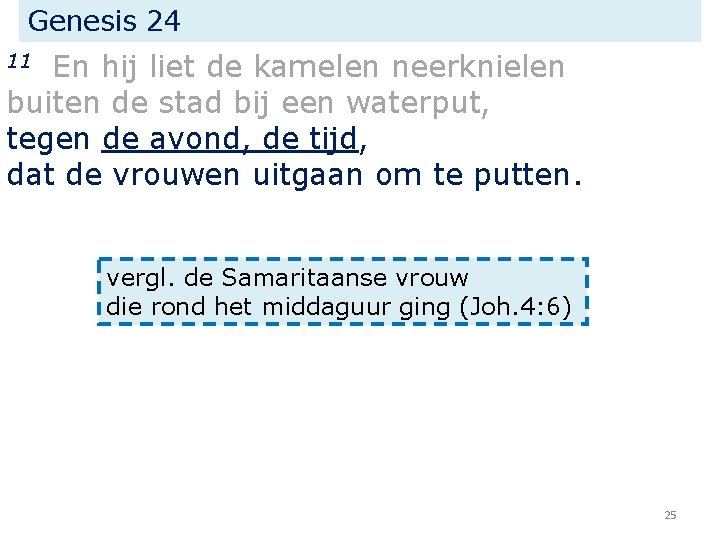 Genesis 24 En hij liet de kamelen neerknielen buiten de stad bij een waterput,