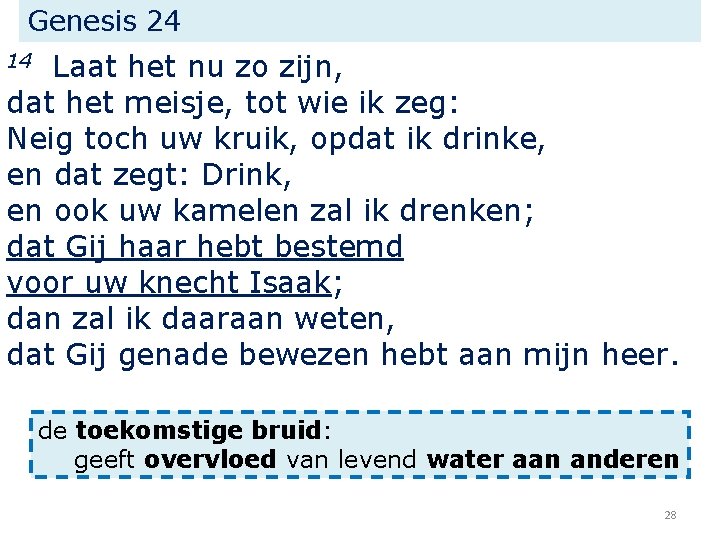 Genesis 24 Laat het nu zo zijn, dat het meisje, tot wie ik zeg: