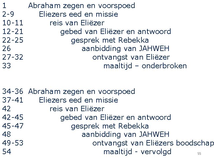 1 Abraham zegen en voorspoed 2 -9 Eliezers eed en missie 10 -11 reis