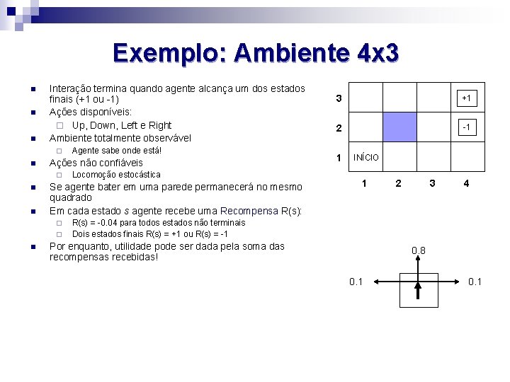 Exemplo: Ambiente 4 x 3 n n n Interação termina quando agente alcança um