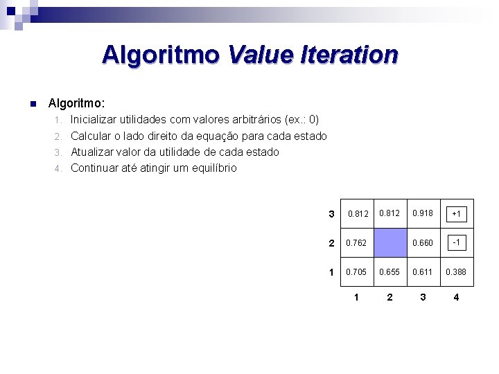 Algoritmo Value Iteration n Algoritmo: Inicializar utilidades com valores arbitrários (ex. : 0) 2.