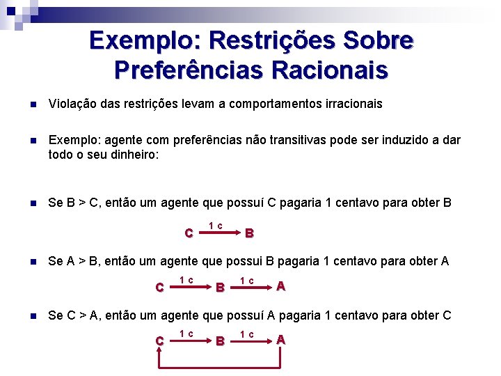 Exemplo: Restrições Sobre Preferências Racionais n Violação das restrições levam a comportamentos irracionais n